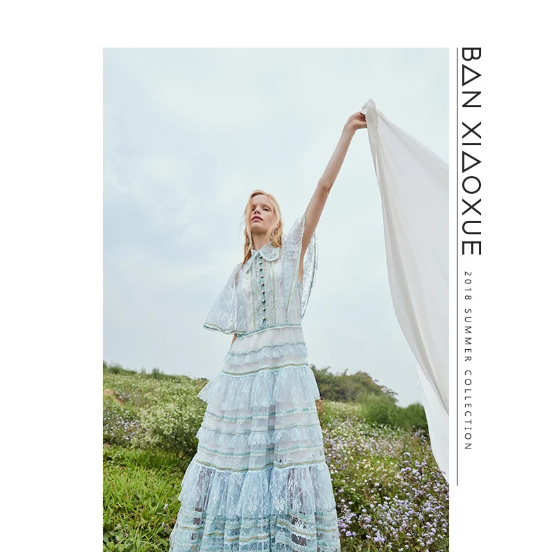 Высококачественное дизайнерское платье для подиума женское летнее Элегантное синее Сетчатое Кружевное Платье макси с вышивкой Плиссированное богемное пляжное платье