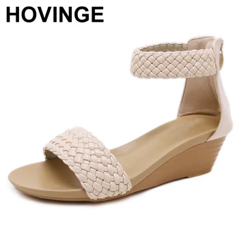

HOVINGE Women Wedge Sandals Weave Knit Ankle Wrap Concise Bohemia Sandals Wedge Med Heel Rome Casual Shoes Gladiator Sandals