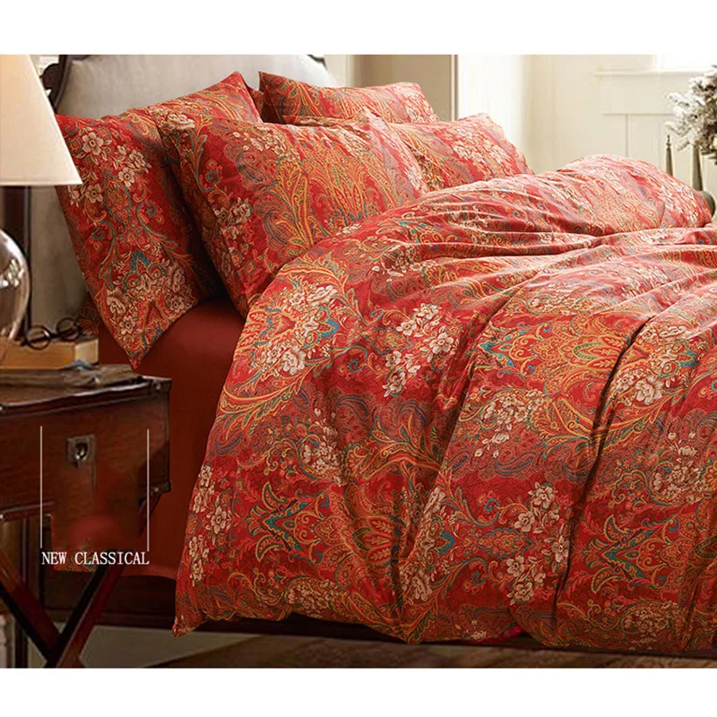 CHAUSUB Qualidade de Cetim de Algodão Egípcio Conjunto de Cama 4 PC Tampa de Cama Fronha Capa de Edredão de Luxo Rei Queen Size Lençóis De Seda vermelho