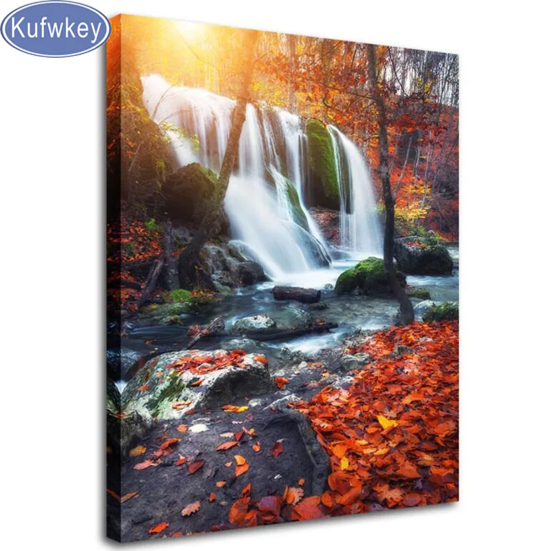 5d diy Puzzle diamond mosaic Autumn Forest Waterfall Full square children gift pattern of rhinestones natural scenery art | Дом и сад