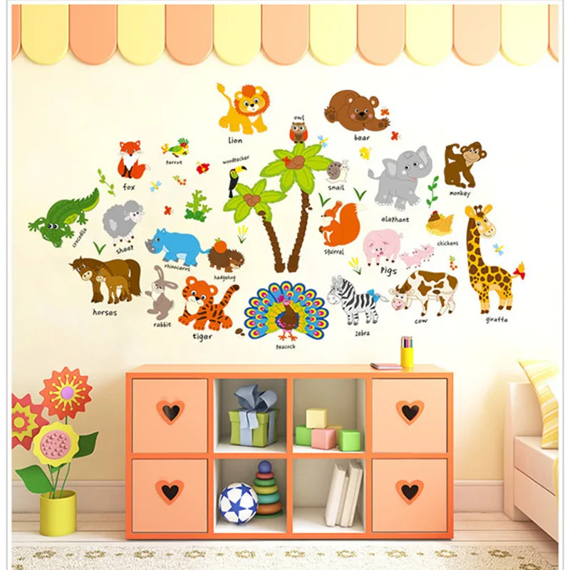 

Cartoon Zoo Wall Stickers For Children Room Bedroom Removable Adhesive Wallpaper Kids Room PVC Mural Decal DIY Animals Poster