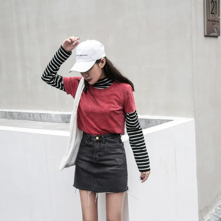 KITTY, новая Корейская версия, дикая шикарная джинсовая юбка с высокой талией, женская летняя юбка в стиле Харадзюку из Гонконга - Цвет: BLACK