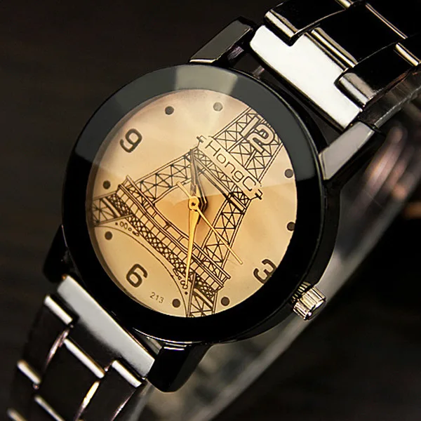 

YAZOLE Fashion Eiffel Tower Watch Women Men Stainless Steel Quartz Watch Round Clock Montre Femme Gift for Lover 213