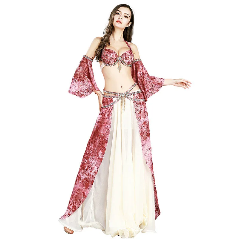 

Professional Belly Dance Competition Costume Set Bra Long Skirt Sleeves Bollywood Carnival 2019 Performance Women 3PCS