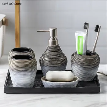 

Home bathroom supplies set retro ceramic bathroom five-piece toothbrush holder lotion bottle six-piece bathroom set toiletries
