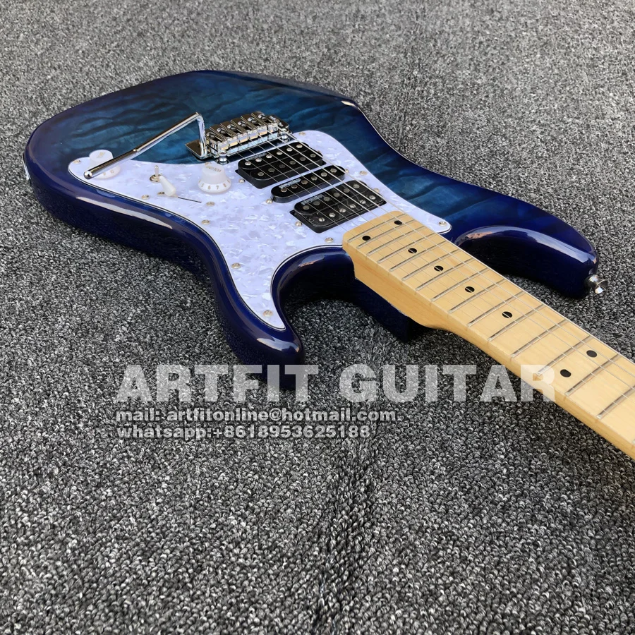 Lake Blue Quilted Maple Top Wilkinson Pickups Tremolo Bridge Coil Split M6 Locking Tuners 6 String Clean Sound Stratocaster Electric Guitar  (5)