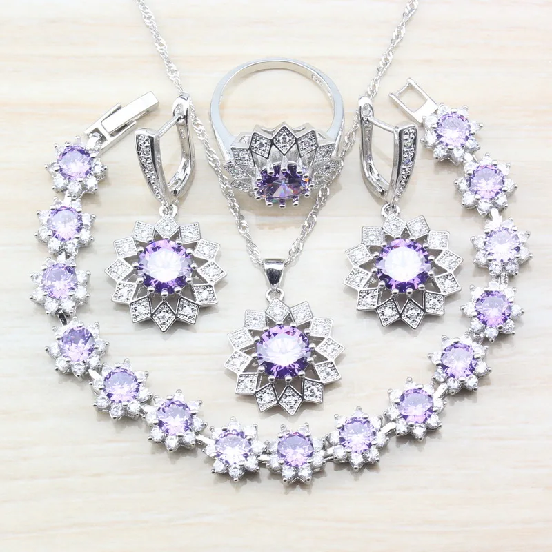 

Wonderful Natural Crystal Zircon Round Flower 925 Silver Jewelry Sets Purple Earrings/Pendant&Necklace/Bracelet/Ring For Women