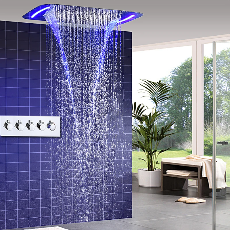 

Modern Waterfall Shower Faucet Bathroom Electric LED Large Rain Shower Panels Multifunction Ceiling Bath Set thermostatic Mixer