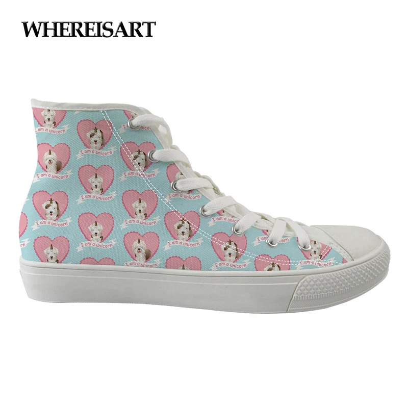

WHEREISART 2019 Vulcanized Women Sneakers High Top Casual Flats Hand Painted White Students Couple Shoes Lady Cute Pattern Print