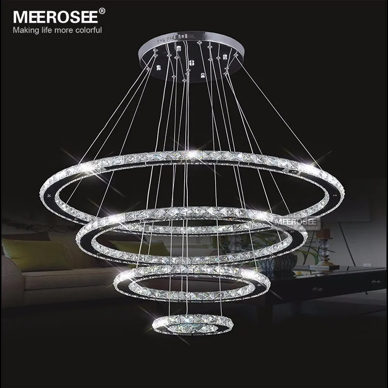 

MEEROSEE Modern Rings LED Pendant Light Fixture LED Crystal Hanging Lamp 4 Circle LED Lighting plafoniera Lustres Lights Fitting