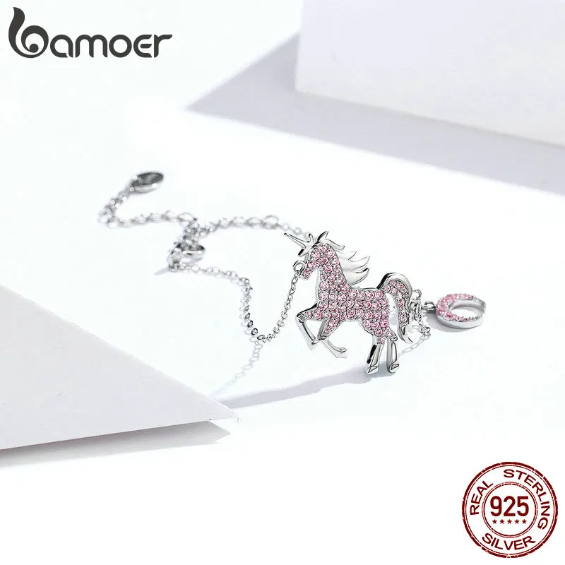 bamoer Fantasy Mystery Licorne Charm Bracelet and Finger Rings Women 925 Sterling Silver Pink CZ Statement Jewelry Sets ZHS147