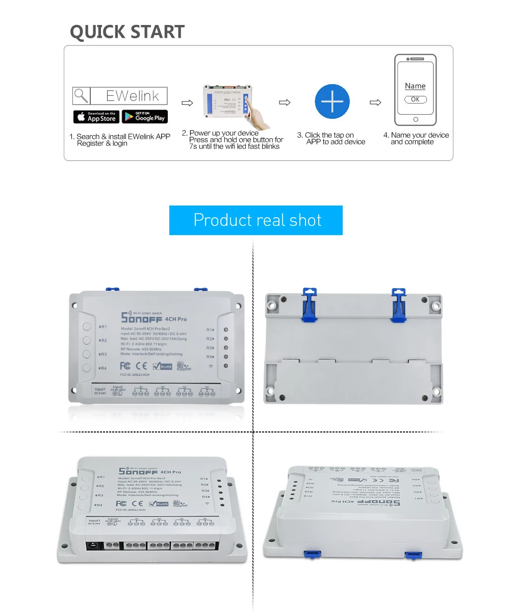 SONOFF 4CH Pro R2 беспроводной многоканальный wifi переключатель для умного дома модуль автоматизации управления Лер 433 МГц пульт дистанционного управления