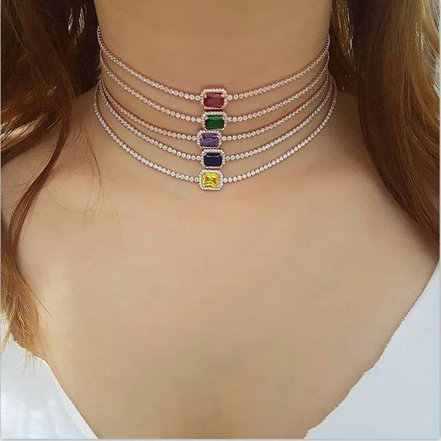 

5 color tiny micro pave rainbow cz square charm delicate cute lovely women girl dainty chain 2019 valentine gift simple necklace