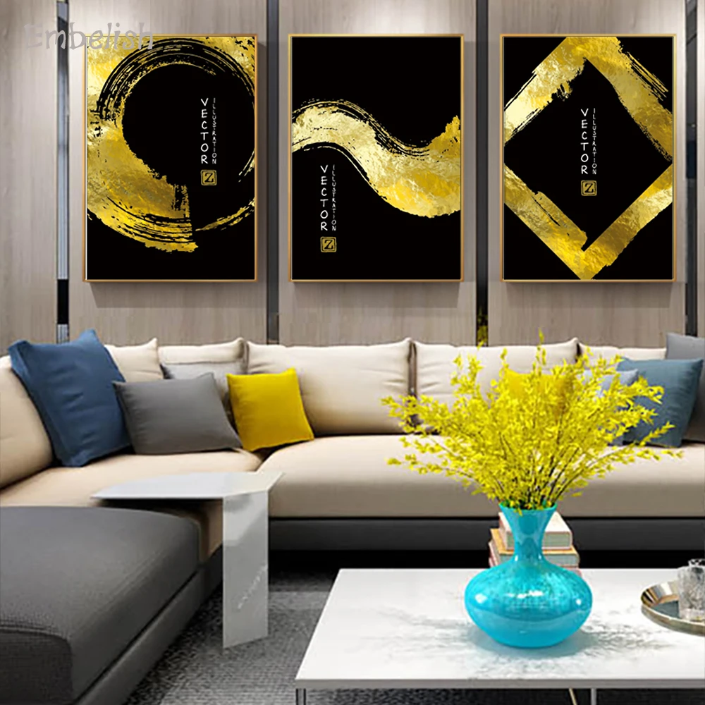 Embelish 3 Pieces Golden Design Large Wall Art Pictures For Living Room Modern Home Decor HD Print Canvas Paintings Artworks | Дом и сад