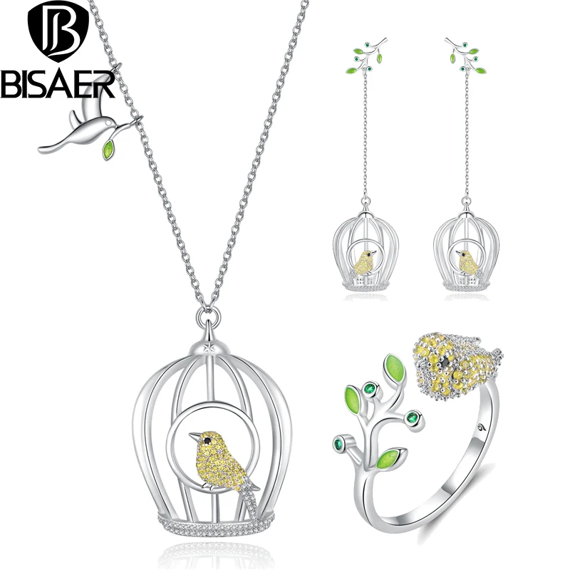 

Jewelry Set BISAER Silver Color Hummingbird Bird Cage Women Jewelry Sets for Women Cubic Zircon CZ Luxury Fine Jewelry WE178