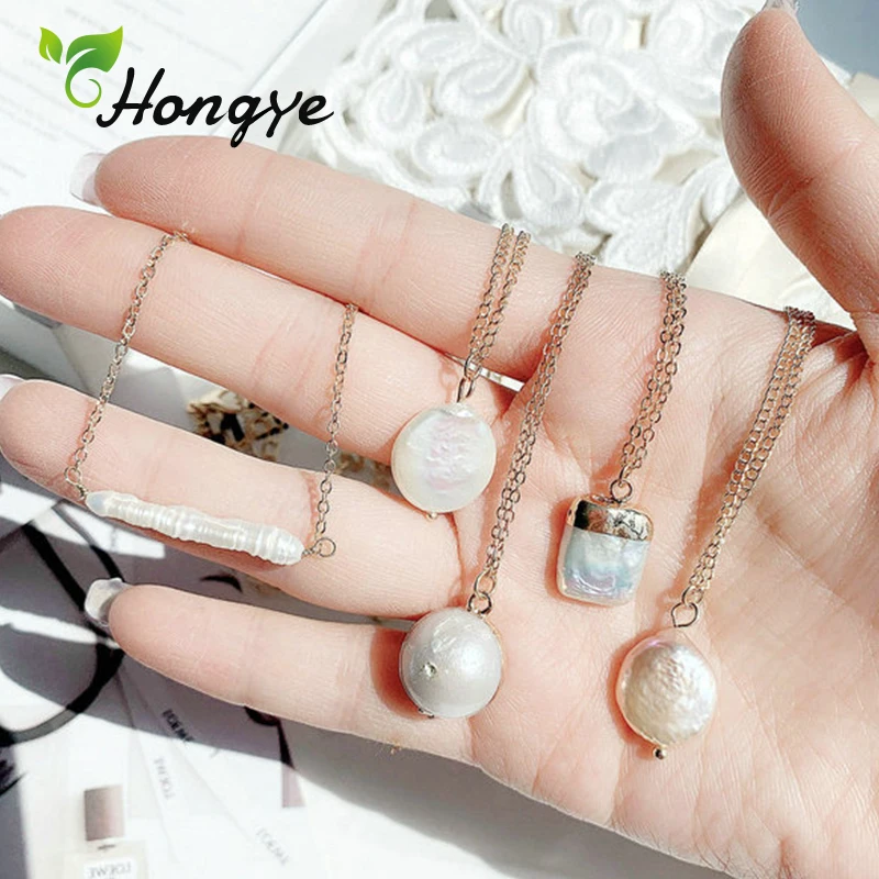 

Hongye Freshwater Pearl Pendant Necklaces Real Gold 14k Link Chain Female Multi Styles Baroque Pearl Anniversary Collar Jewelry