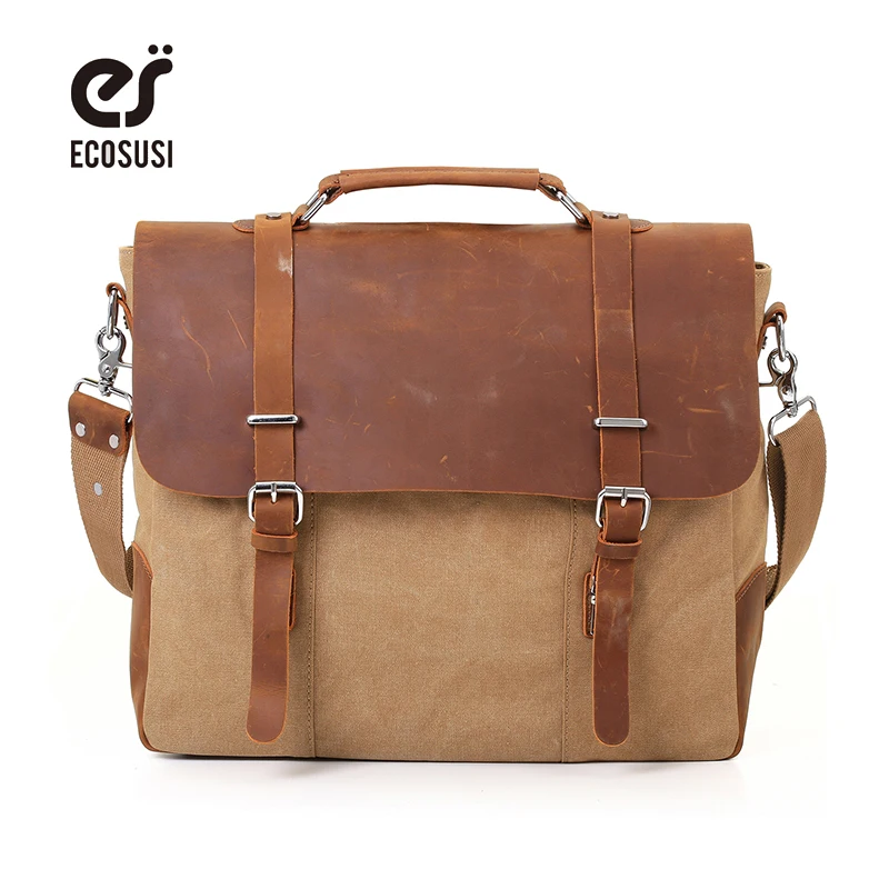 

ECOSUSI Men Vintage Canvas Messenger Bag Crazy Horse Leather Briefcase Travel Bags Retro School Satchel Bag Hasp Cover Handbag