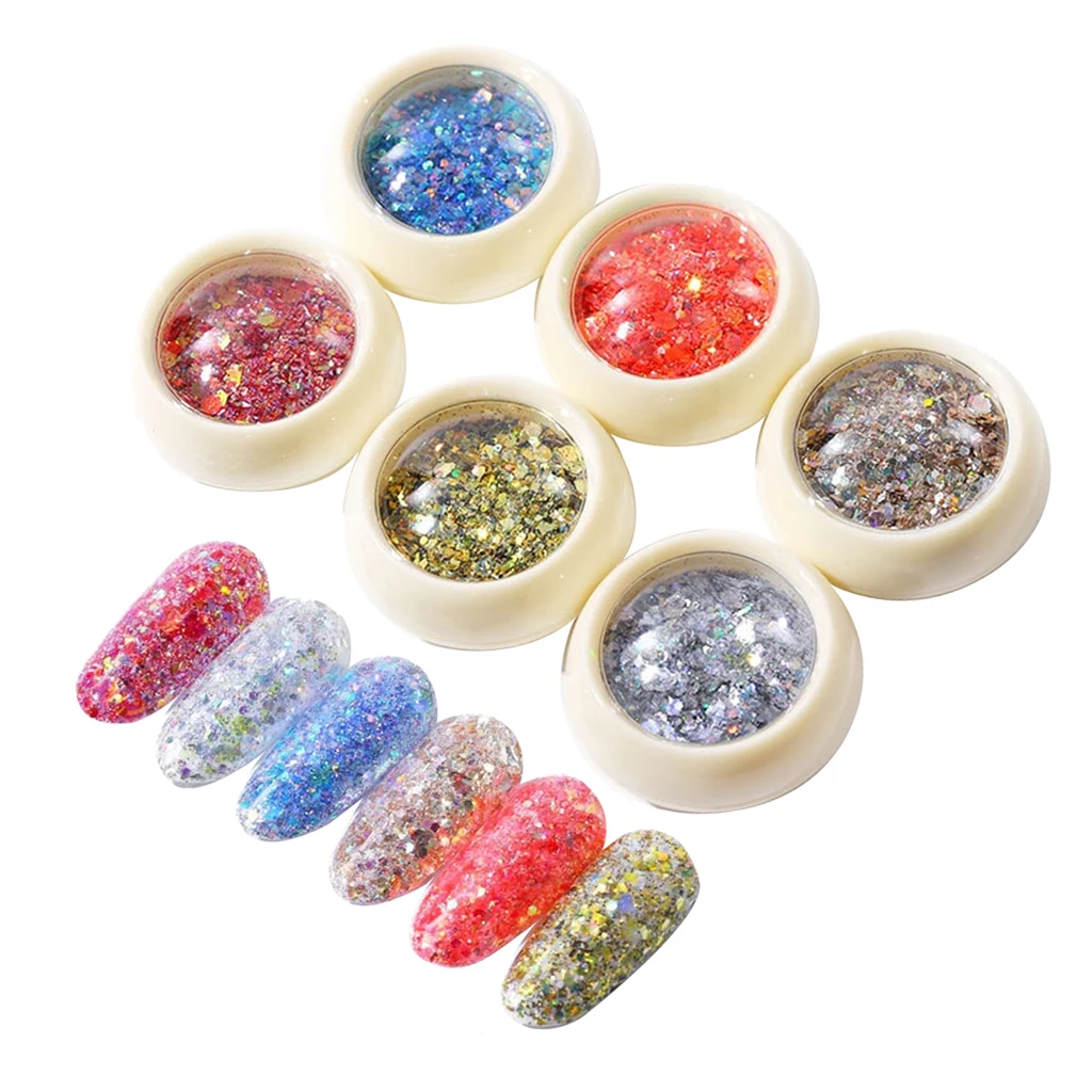 6 Jars Shiny Nail Flake Glitter Powder Nail Tips Decor Foil Sequins