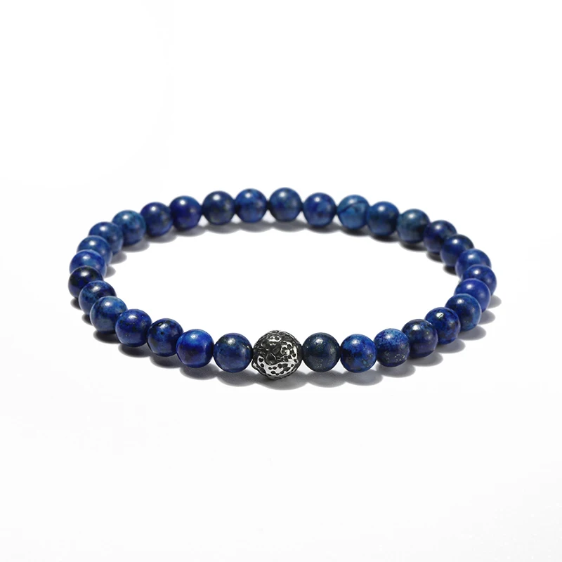 

Fashion 6mm natural stone beaded men bracelets handmade Lapis Lazuli stainless steel bracelet jewelry gift for mens