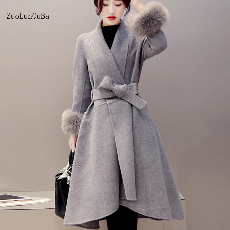 

2018 winter Korean version of the gray ladies jacket Slim fox fur Medium long section woolen coat female wool woolen coat
