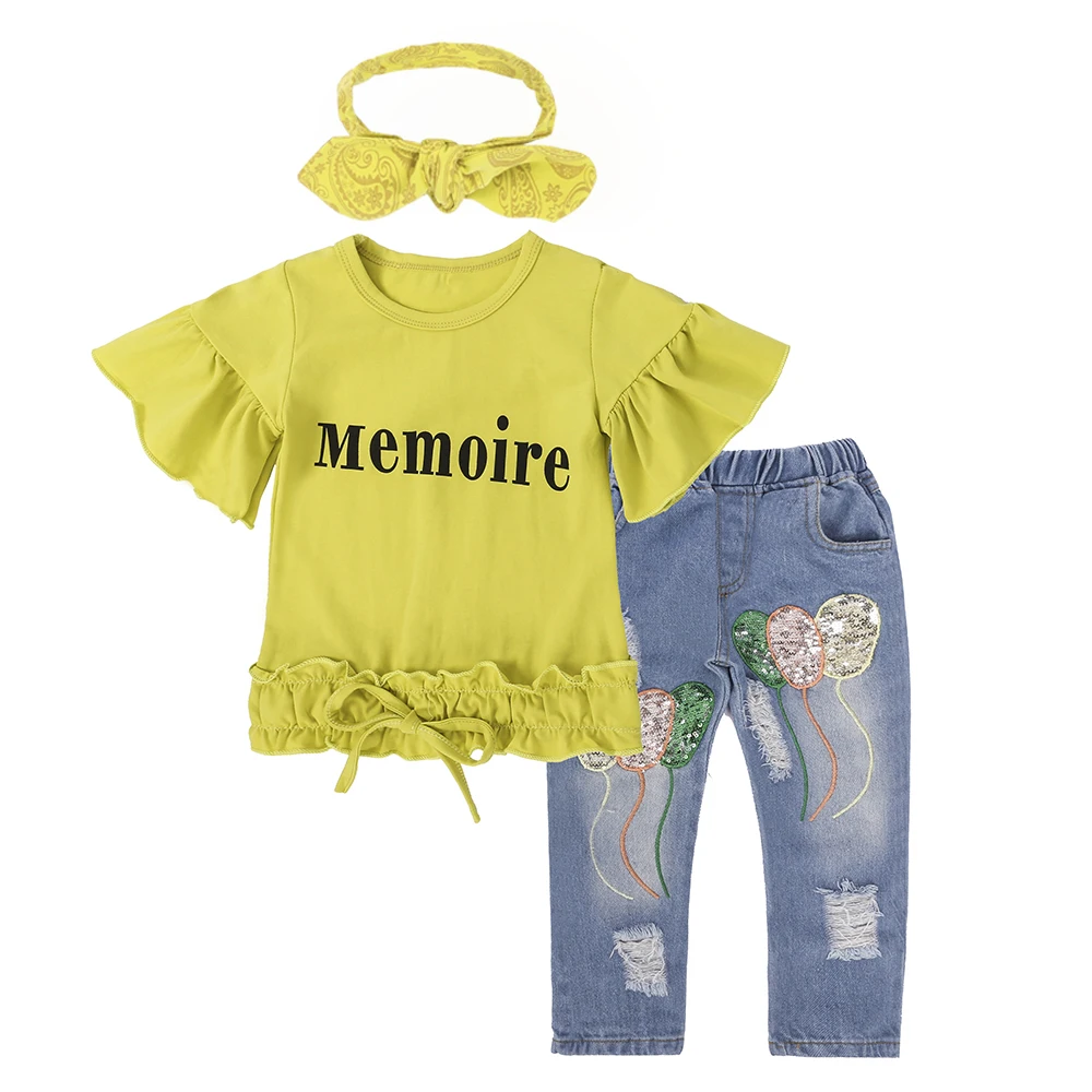RT-250, Детская осенняя одежда для девочек комплекты одежды для малышей модная футболка с короткими рукавами для девочек+ джинсовые штаны+ повязка на голову, комплект из 3 предметов