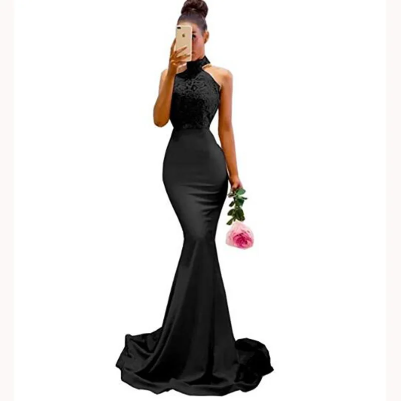 Простой черный русалка невесты платья Glamorous Сексуальная Холтер спинки с кружевной аппликацией Праздничная одежда, платье индивидуальный