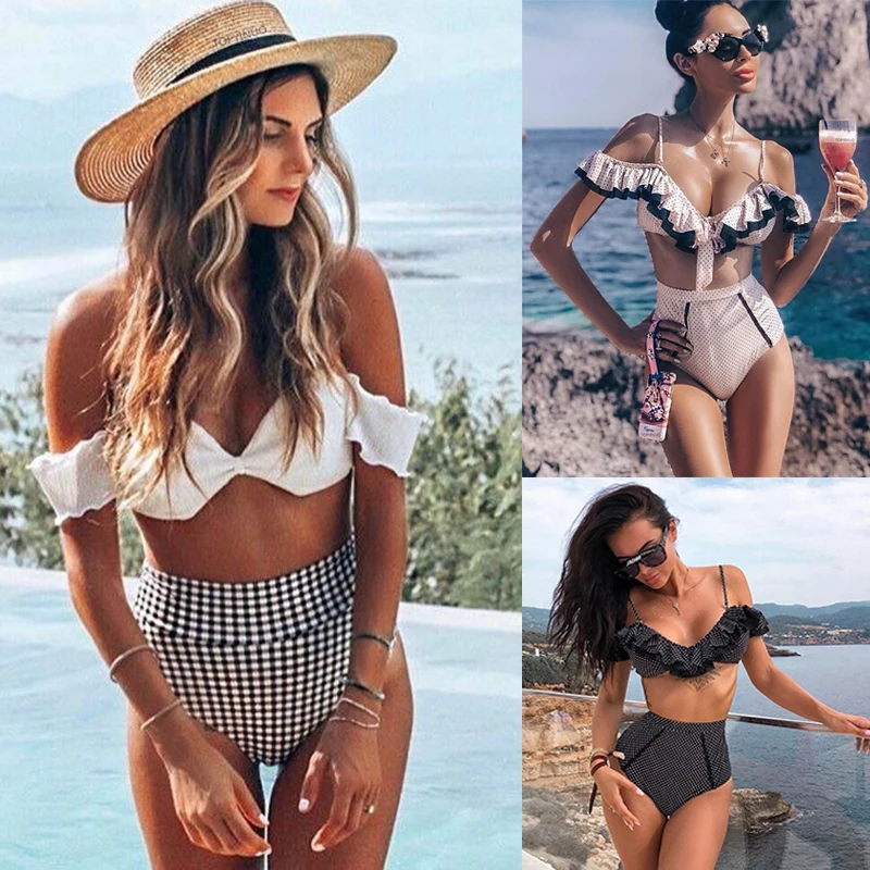 

Ariel Sarah High Waist Swimsuit Women Swimwear Ruffle Bikini Bathing Suit Dot Bikini Set Beach Wear Badpak Bikini 2019 Mujer