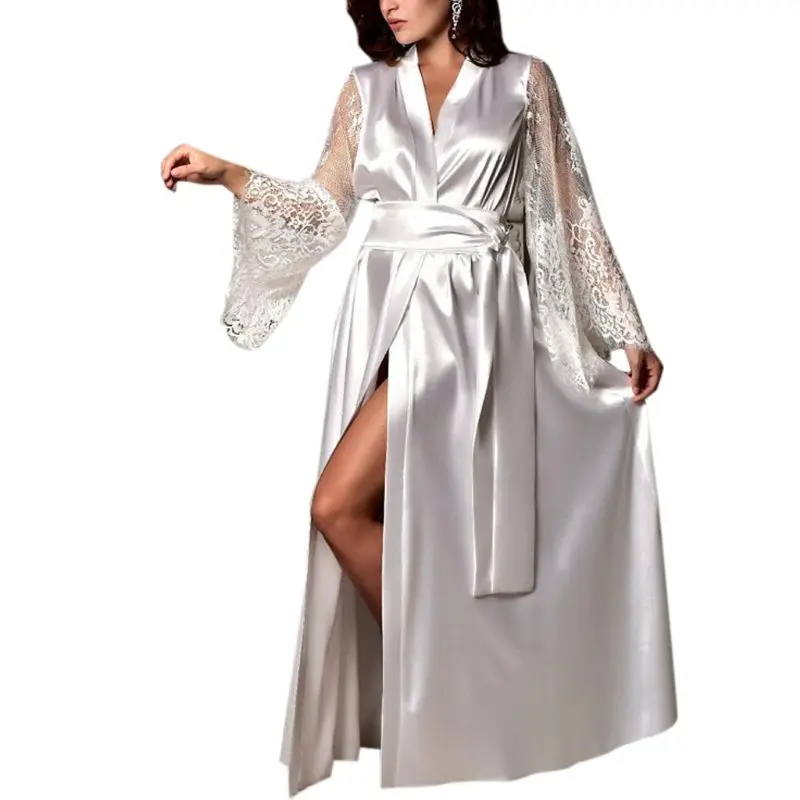 Женская длинная ночная рубашка с глубоким v-образным вырезом, открытая спереди, из искусственного шелка, с цветочным кружевом, с рукавом, кимоно, халат, одноцветные атласные ленты, пояс Ni