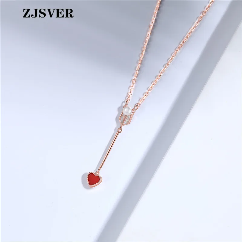 

ZJSVER Fine Jewelry 925 Sterling Silver Necklace Y Shaped Love Arrow Pendant Fashion Rose Golden Clavicle Chain Women Necklace