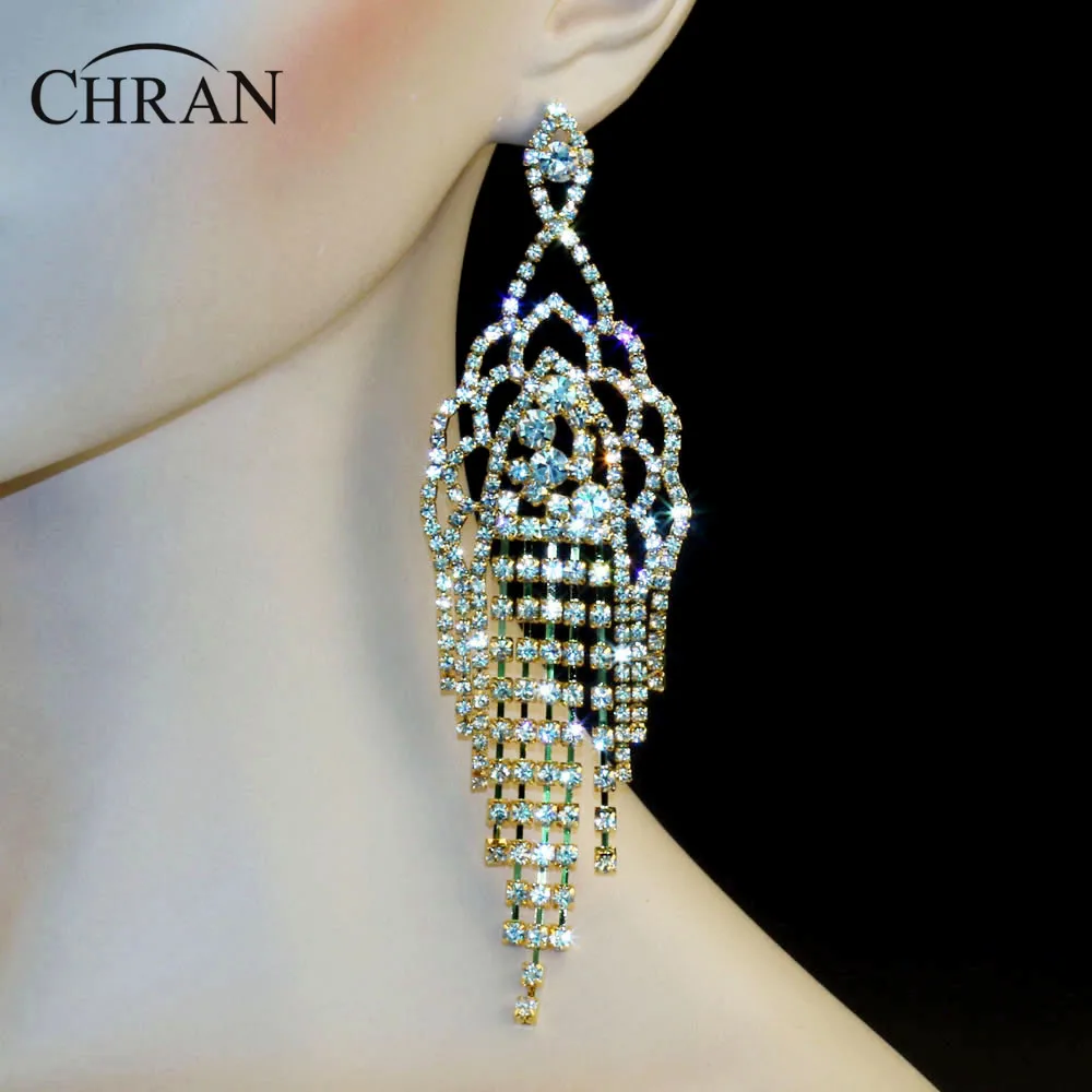 

Chran Gold Color Rhinestone Crystal Evening Party Earings Wedding Bridal 5.5 Long Dangle Chandelier Drop Earrings Jewelry LE835