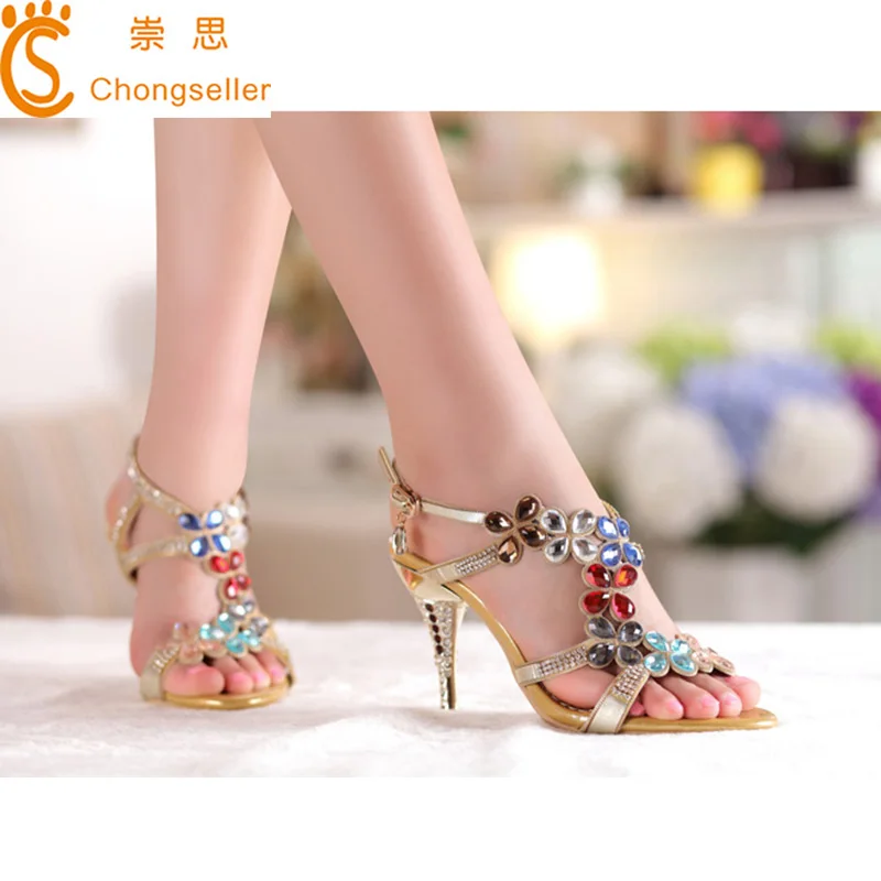 

Size 34-41 Genuine Leather Rhinestone Women Sandals High Heels Shoes Open Toe Ladies Gold Sandals sandalias femininas salto alto