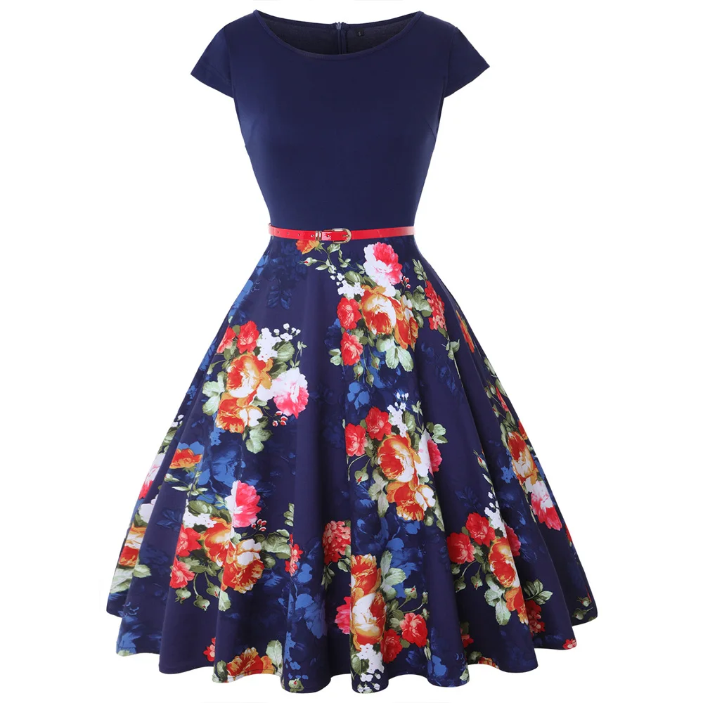 

2019 Women Summer Audrey Hepburn Vintage Party Dress Floral Flare Midi Dresses Retro Elegant Dress Vestidos Robe Femme