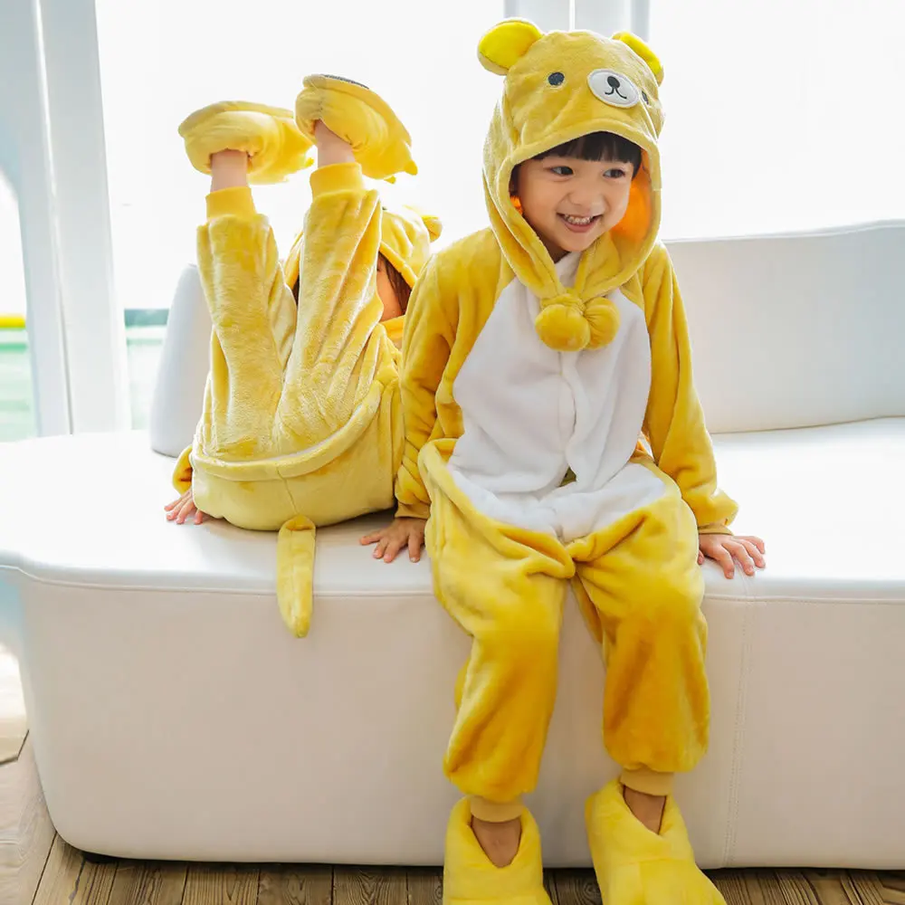 Зимние Детские пижамы для мальчиков и девочек; детский пижамный комплект; Пижама с рисунками животных; одежда для сна с капюшоном; цвет РОЗОВЫЙ, единорог, Ститч, панда - Цвет: Bear