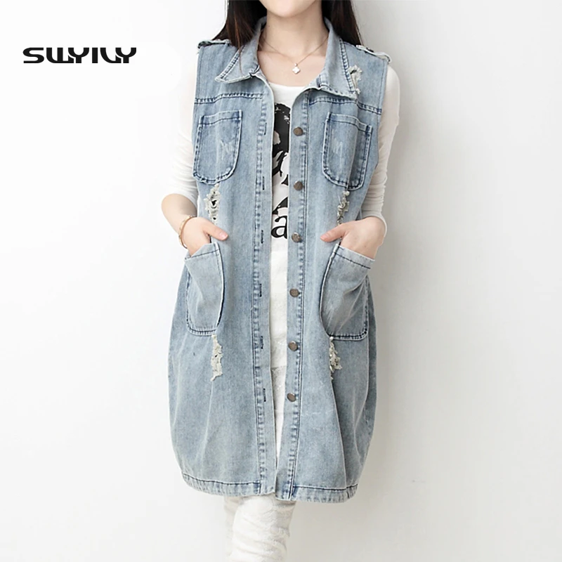 Summer Long Denim Tank Large Size 4XL 5XL New 2017 Korean Women Coat Denim Jacket Sections With Holes