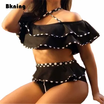 

Bkning Black Flunce 3XL XXL XL L Large Size Swimwear Women Skirt Bikini High Waist Halter Bikiny Solid Two Piece Maios 2018 Plus