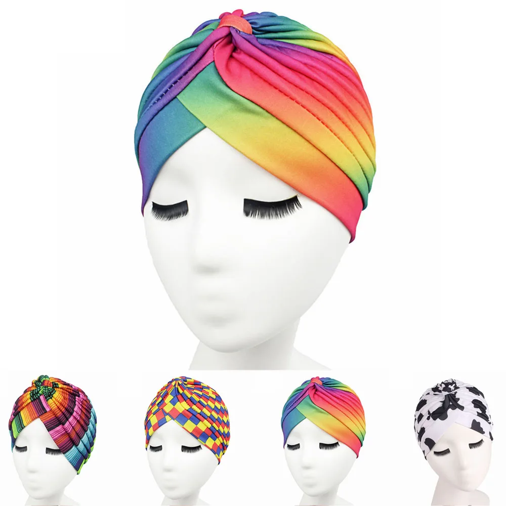 

Adjustable Rainbow Beanie Muslim Cap Women Colorful Printing Hat Stretch Turban Head Wrap Cap Cancer Chemo Hat Scarf Four Season