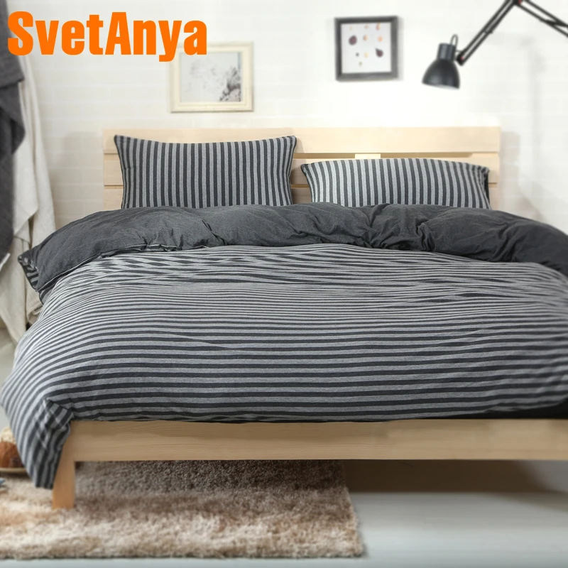 

Svetanya Knitted Cotton Bedclothes Black Gray Stripes Printed Home Bedding Sets Fitted or Flat Bedsheet Quilt Cover Sets