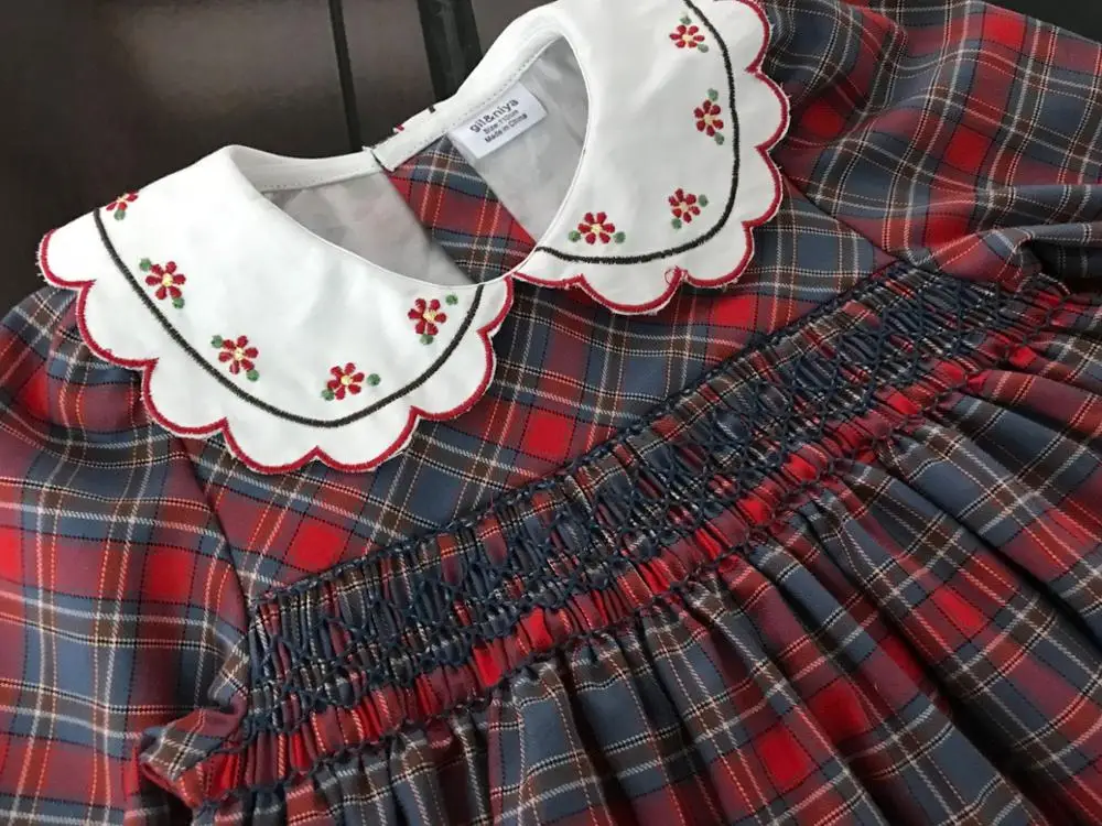 Toddler birthday dress long sleeve Peter pan color smocking cherry pattern toddler girls dress baby birthday outfits