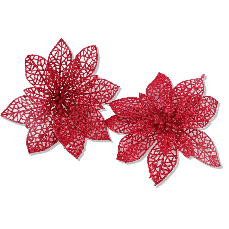Civent, 10 шт./лот, блестящий полый искусственный цветок, украшение для рождественской елки на год, рождественские украшения, искусственный цветок - Цвет: red