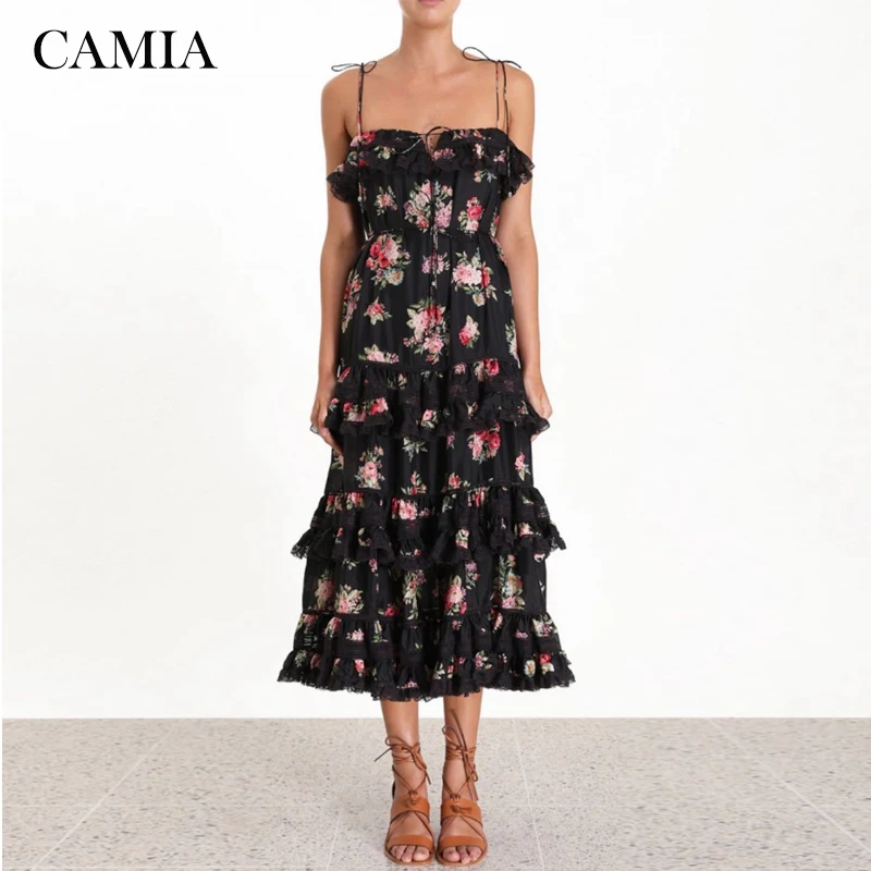 

CAMIA 2019 black printed lace multi-layer pleated decorative bow tie strap dress