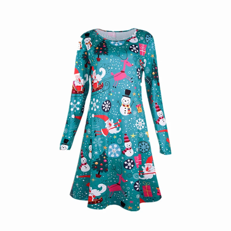 

2017 Christmas Basic Pleated Dance Party Women Snowman Printed Long Sleeve Fashion Casual Sexy Xmas Knee-length Dresses Vestidos