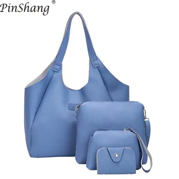 

PinShang 4 Pcs/Set Women Handbag PU Leather Fashion Bags Set Simple Casual Solid Color Handbag Bags for Women 2018 ZK40