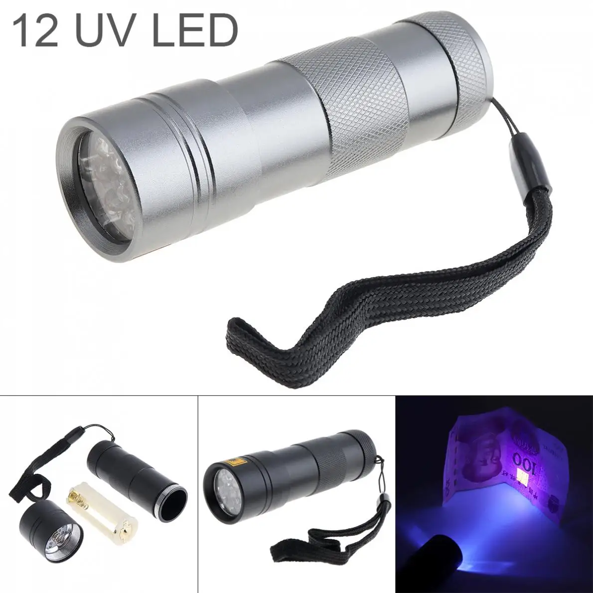 

395nm Aluminum Alloy 12 LED UV Multi-function Flashlight Support 3x AAA Batteries for Fluorescent Agent Detection/Money Detector
