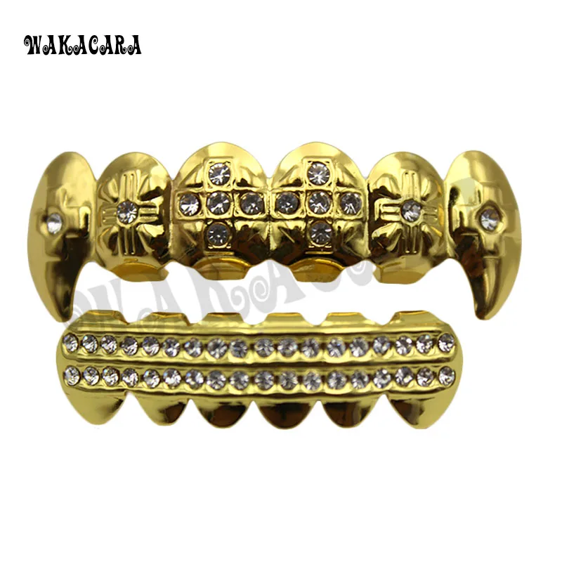 

WAKACARA New Custom Fit Gold Color Hip Hop Teeth Grills Caps Top & Bottom Vampire Grill Set