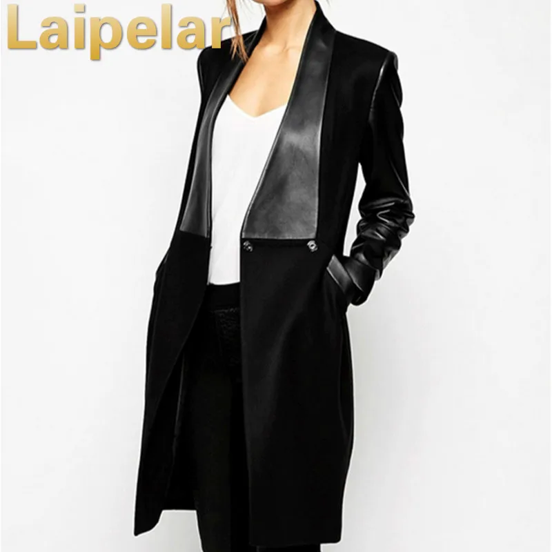 

Elegant Black PU Leather Jacket 2019 Spring Fashion New Overcoat Patchwork Woolen Coat Women Winter Coat Women Outwear Laipelar