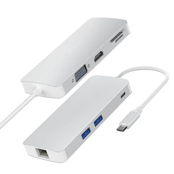 

8 in 1 USB-C USB 3.1 Type C Hub with VGA 4K HDMI Video HD TF SD Card Reader RJ45 Ethernet Type C Charging Hub for Macbook