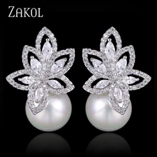 ZAKOL Exquisito Cubic Zirconia Aretes de Flores Diamantes de Imitación de la Perla de La Joyería de Lujo Para Accesorios Nupciales FSEP185