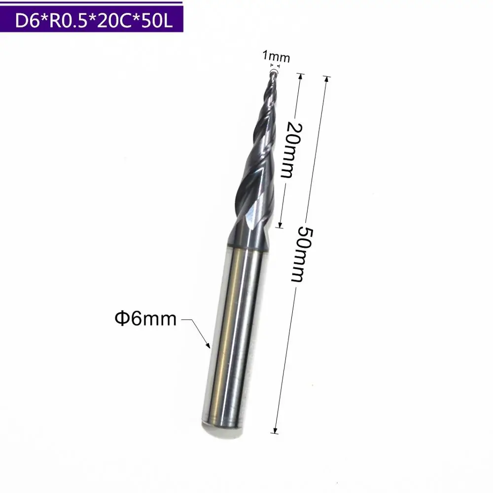 HRC55 solid carbide D6*R0.5*20*50L TiALN Coated Taper Ball Nose End