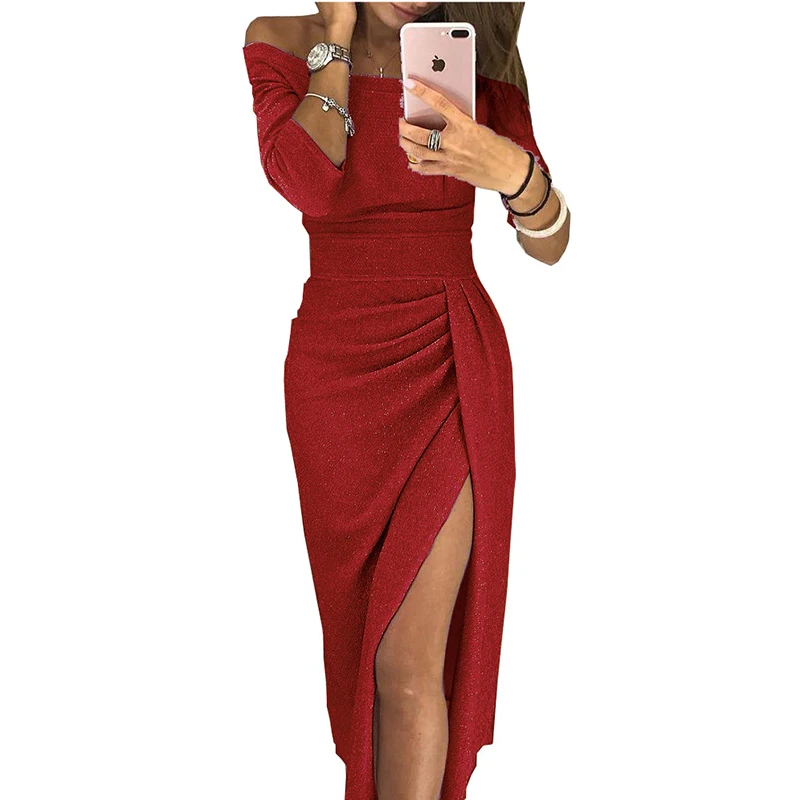 Bright Silk Shiny Dress Women Slit Peplum Bodycon Dress Off Shoulder Bling Long Party Dresses Elegant Ruched Thigh Slit Vestidos