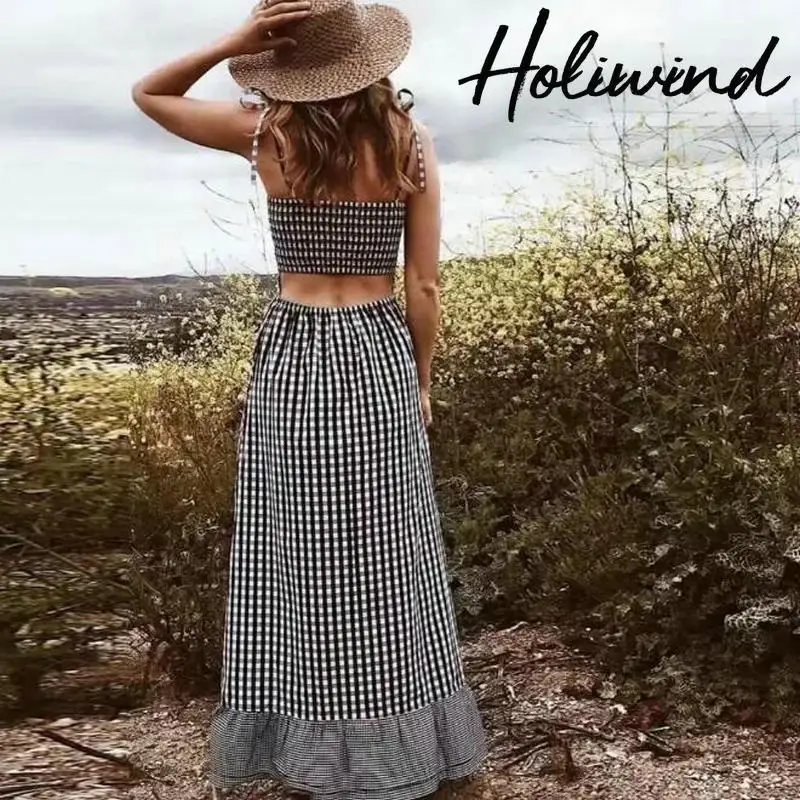 

2019 Summer Women White Black Long Plaid Dress Hollow Out Maxi Holiday Dress Ruffles Checker Long Dress